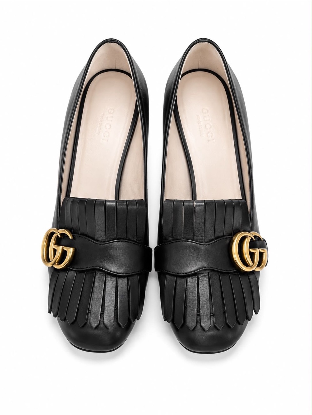 Gucci Marmont Fringe Loafer Pumps Black Leather GG Logo Block Heel
Shoes Sz 37